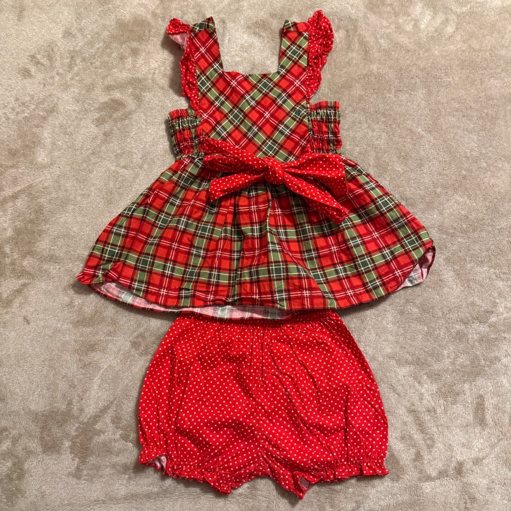 Ricrac & Ruffles Girls 4T Red Green Plaid Dress Polka Dot Bloomer Holiday Set